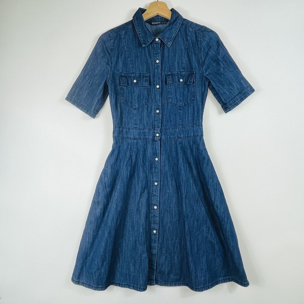 ZARA Basic Denim Short Sleeve Pearl Snap Front Knee Length Dress